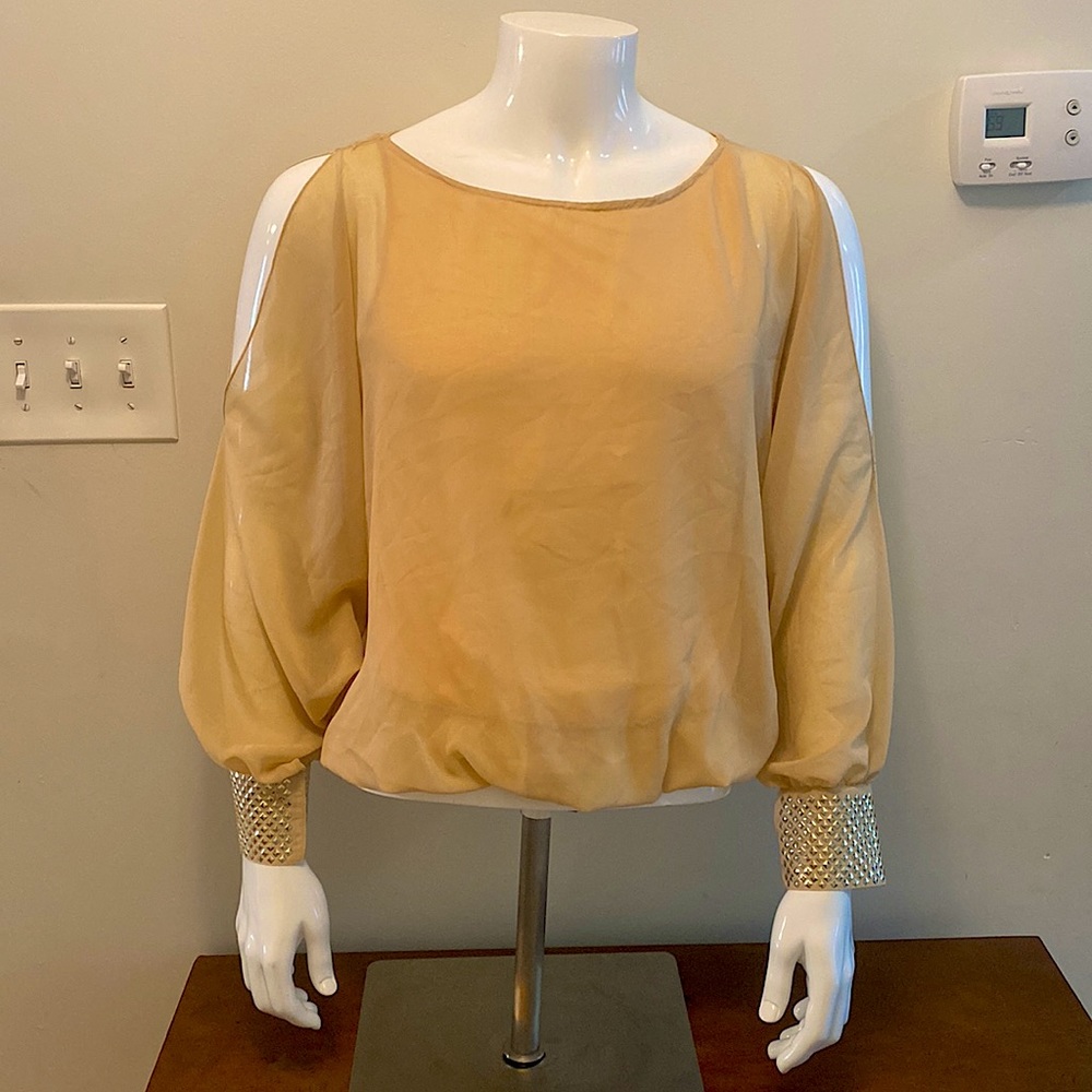 Love Culture, Tan, Studded Sleeve, Shoulder Cut-Out, Size Medium Blouse.